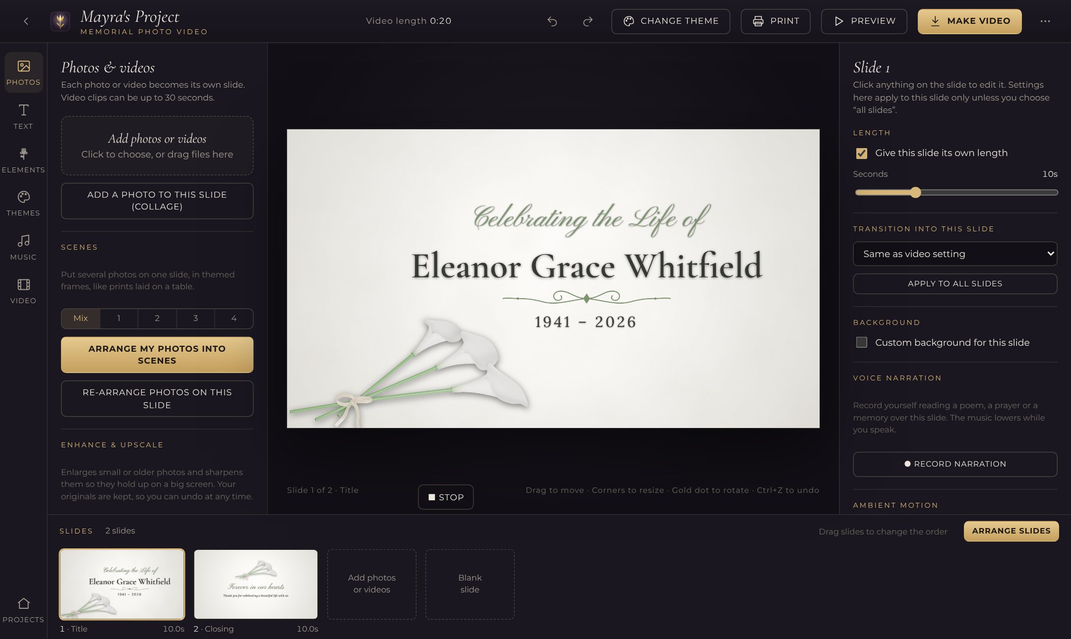 The existing Mayra’s Project editor with the Single Calla Lily theme open